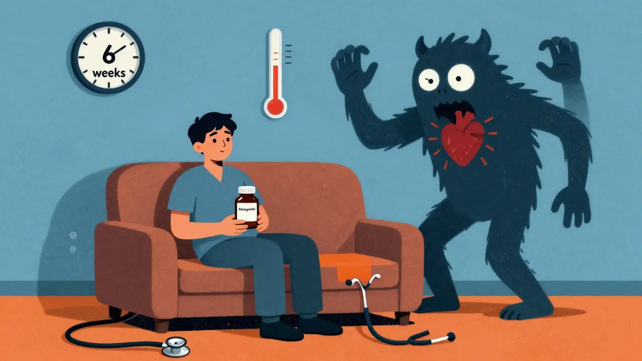 A person's shadow transforms into a hyperthyroid monster with clock eyes and bursting heart, symbolizing hidden dangers of supplement use.