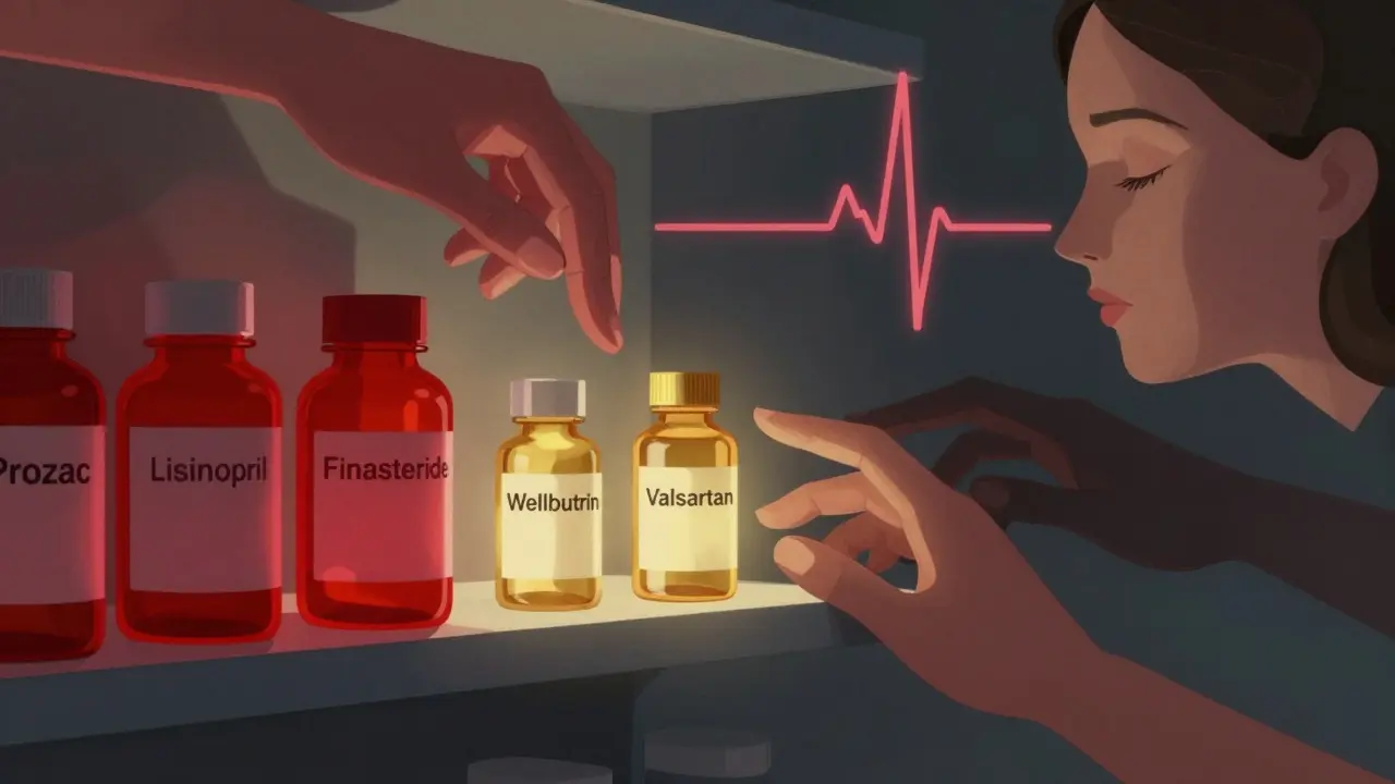 A pharmacy shelf with glowing red and gold medication bottles, representing harmful and safer alternatives for sexual health.