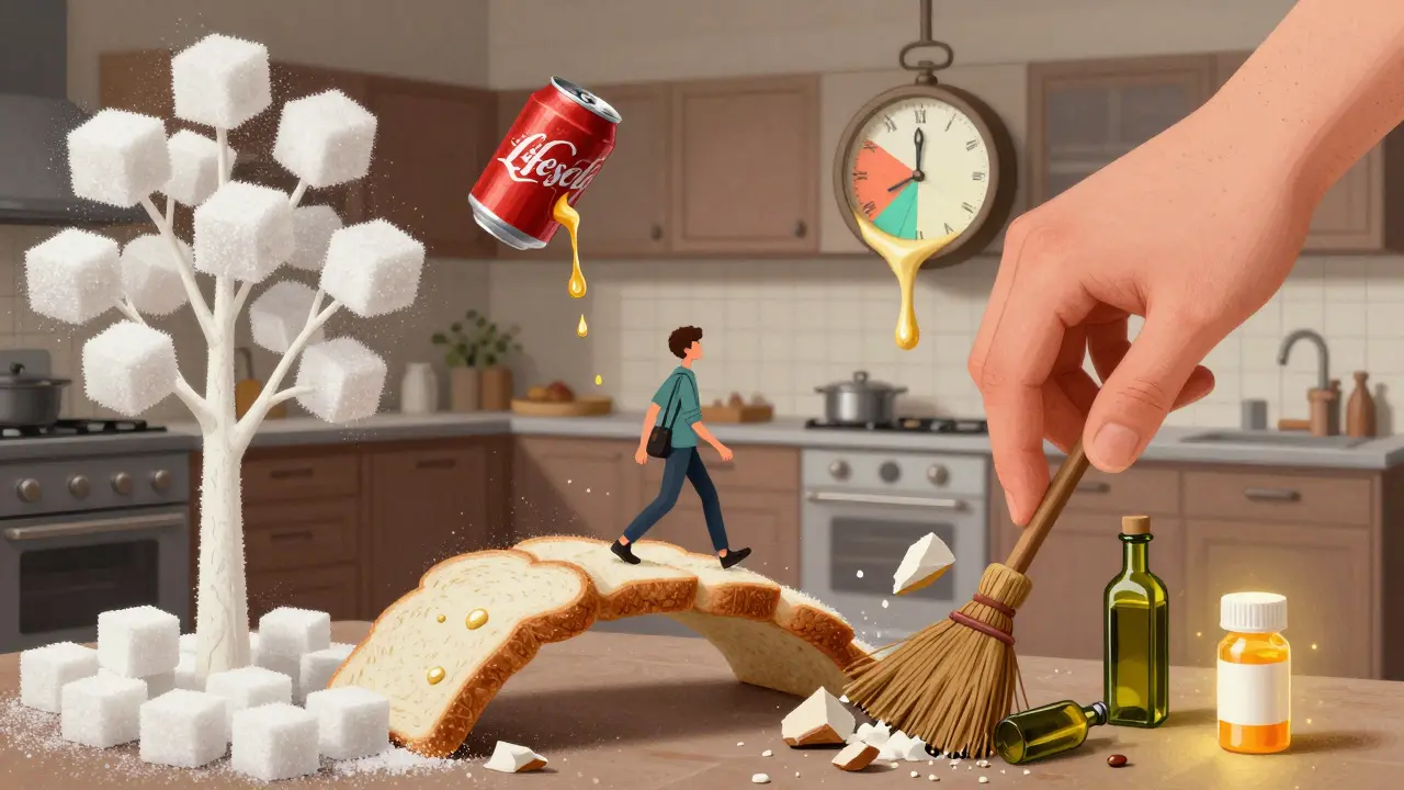 A surreal kitchen of sugary trees and soda oil, with a person sweeping debris as a prescription bottle glows nearby.