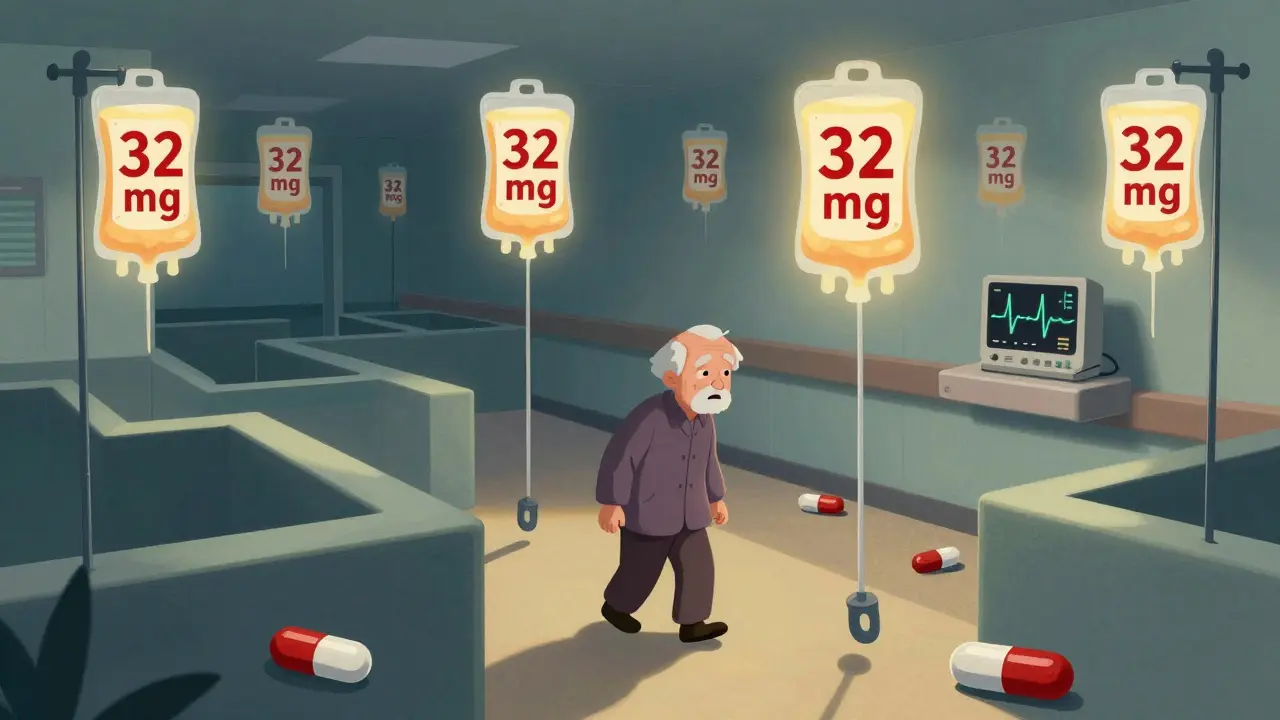 An elderly patient walking through a hallway of dangerous IV pills, while safer antiemetics glow gently in the background.