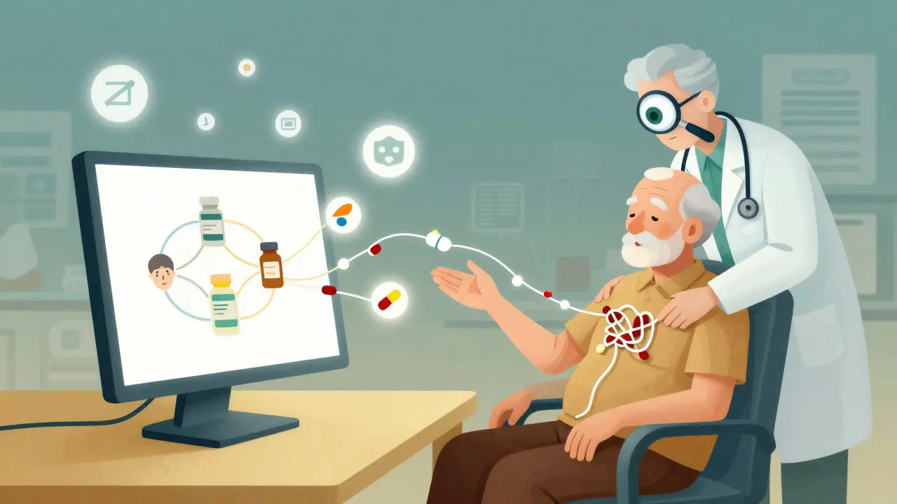 An elderly person made of pills and symptoms, being examined by a circuitry pharmacist.