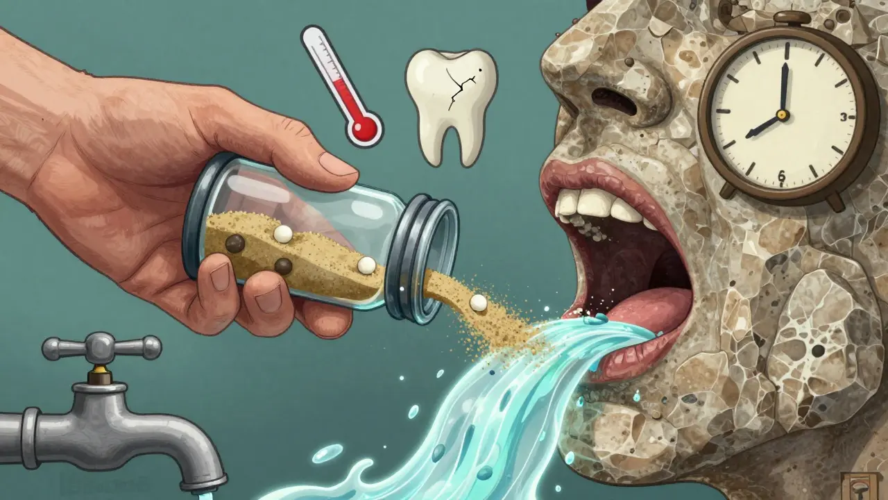 An hourglass pill bottle turning a mouth to stone, with a glowing saliva river restoring it.