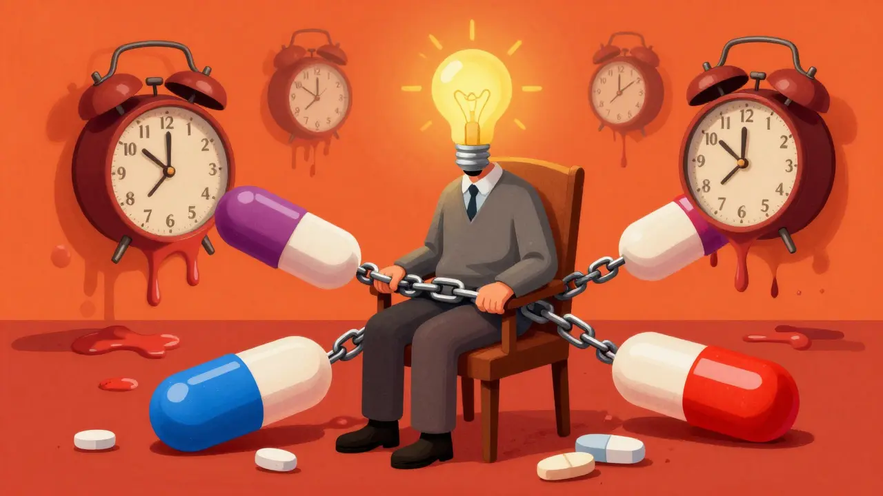 Elderly figure with pill chains and melting clocks, surreal art