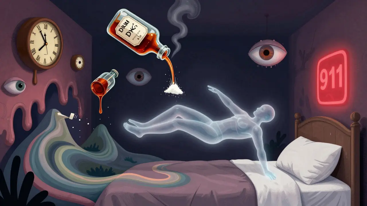 Figures floating amid syrup bottles transforming into hallucinations, symbolizing DXM's mind-altering effects.