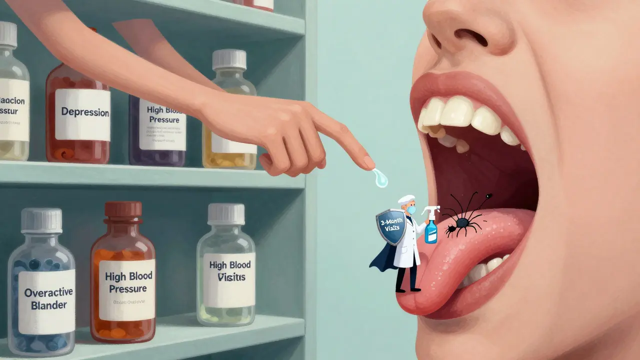 Giant medication bottles draining saliva from a patient’s mouth while a dental hero defends the teeth.