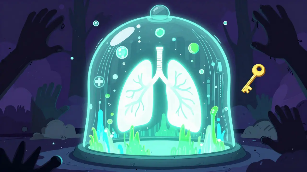 Glowing lungs shielded by data streams, abstract hope concept