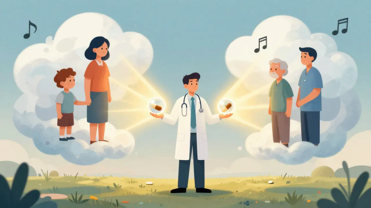 Healer bridging gap between families with light beams of trust