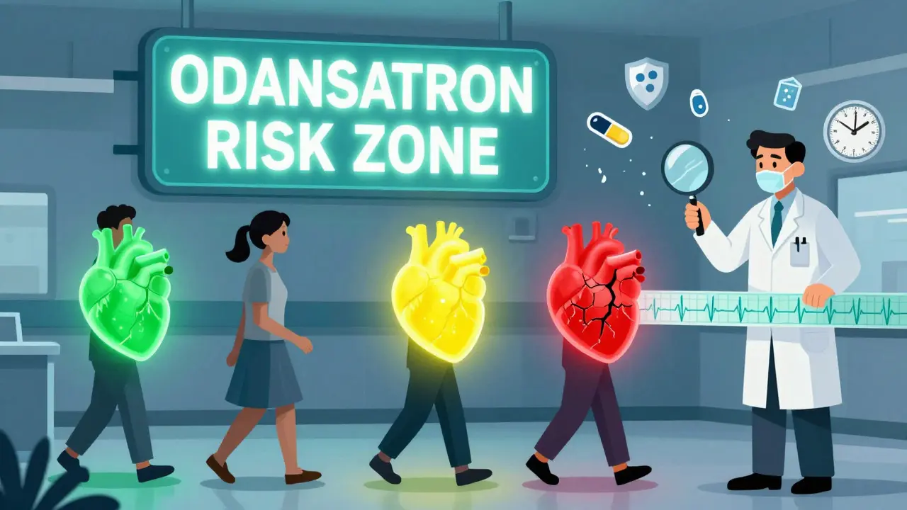 Hospital hallway with patients carrying glowing hearts of varying risk levels, a pharmacist examining an ECG clock, and safer drug icons floating nearby.