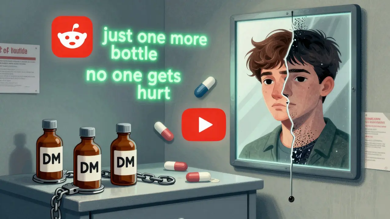 Medicine cabinet turning into chains, with a teen's face split between health and dissociation.