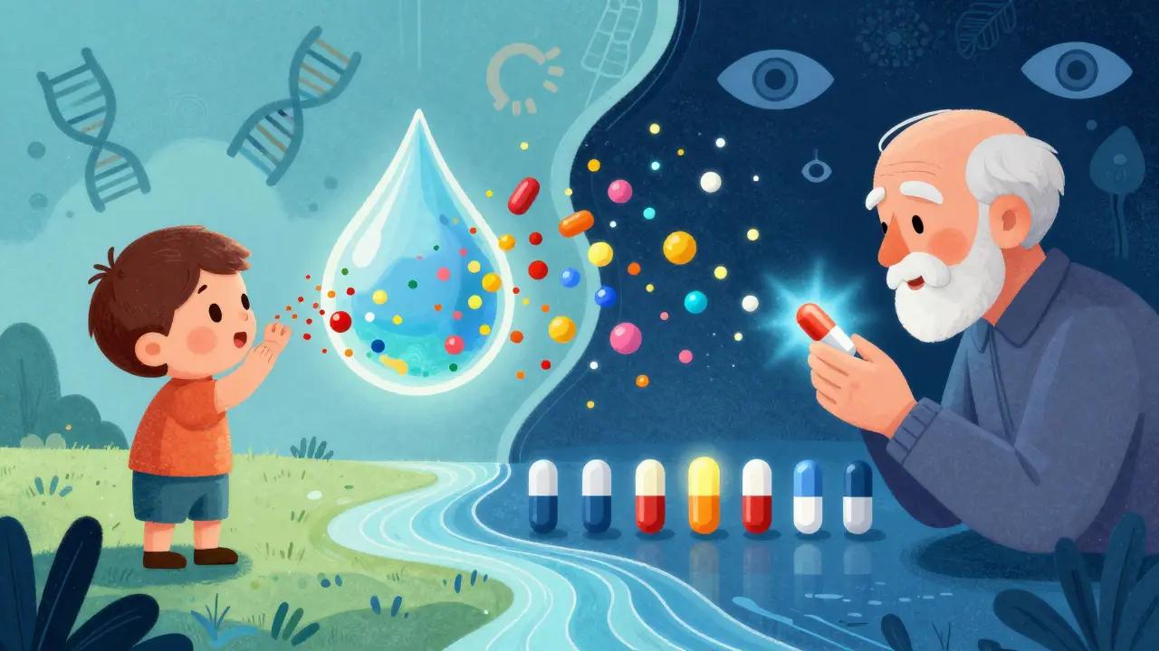 Split cartoon showing child tasting medicine and senior checking pills