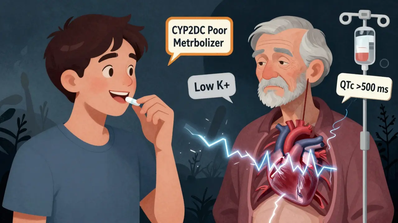 Split image of a young patient and elderly patient, one safe, one with stormy heart and risk labels, rendered in surreal cartoon style.