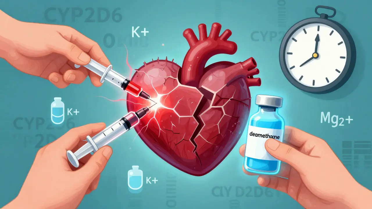 Two hands repairing a fractured heart—one administering risky ondansetron, the other offering safe dexamethasone—with genetic and electrolyte symbols floating around.