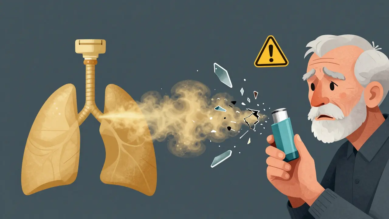 Two inhalers side by side—one releasing smooth mist, the other spitting jagged particles—near a clutching hand.
