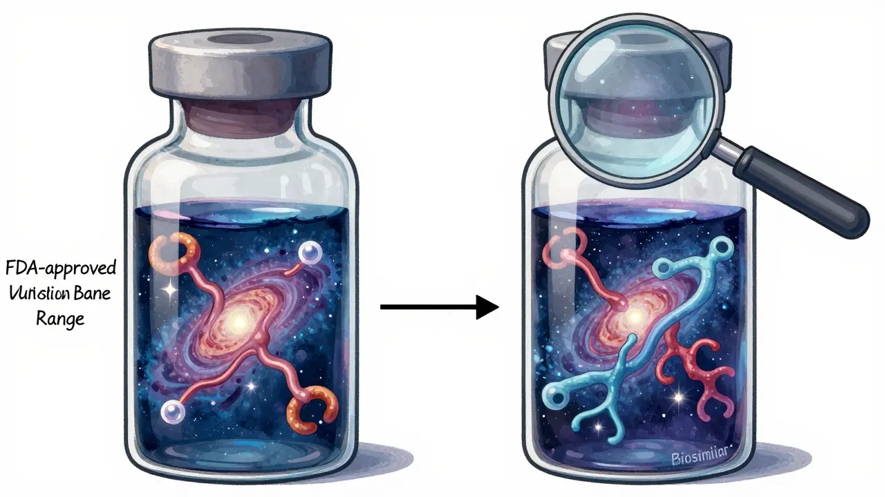 Two vials containing swirling, uniquely shaped protein strands within a shared boundary labeled 'FDA-approved Variation Range'.