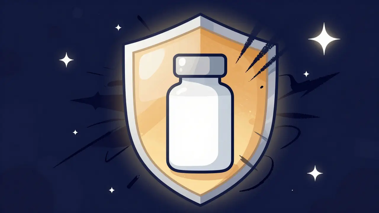 A glowing crystalline shield protecting a medication bottle from dark, glitchy shapes.