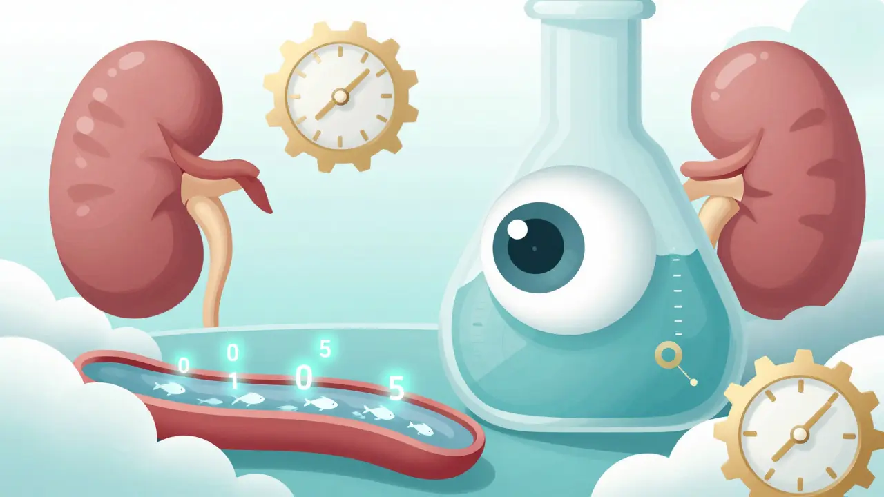 A surreal eye in a flask monitoring glowing numbers in a bloodstream with kidney clouds.