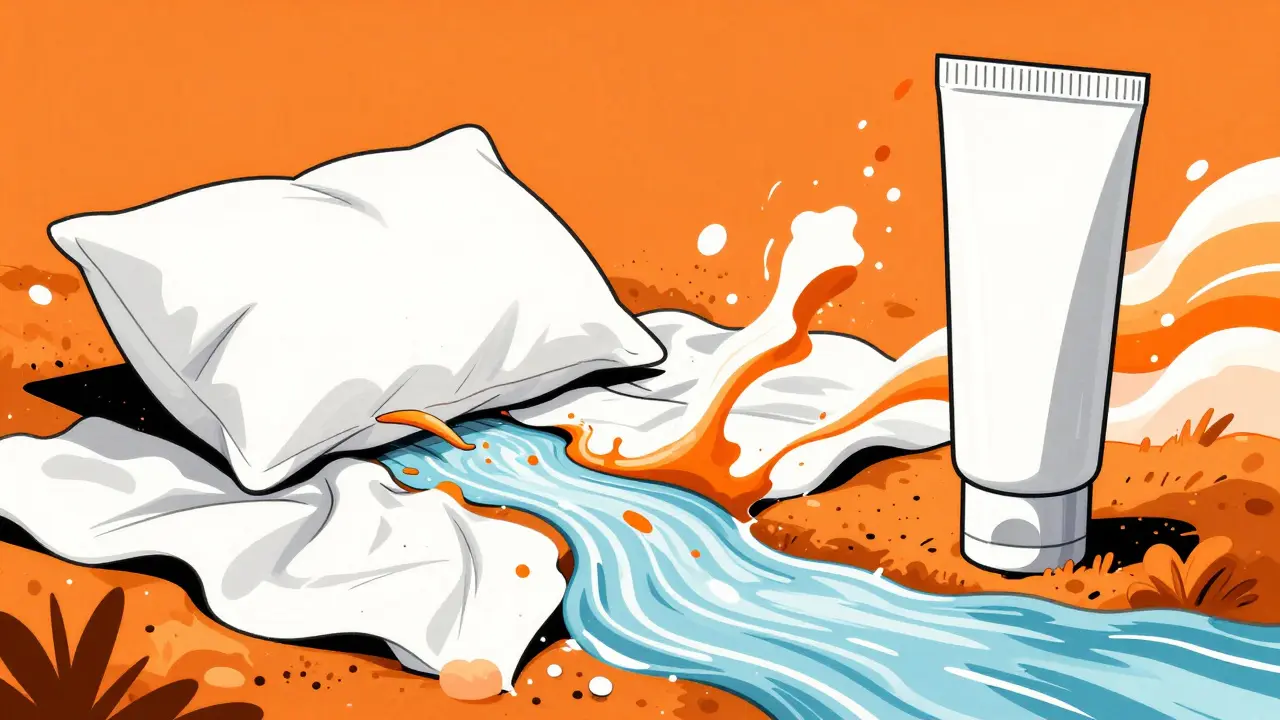 A surreal scene of a giant skincare tube next to a fabric river with orange and white swirls.