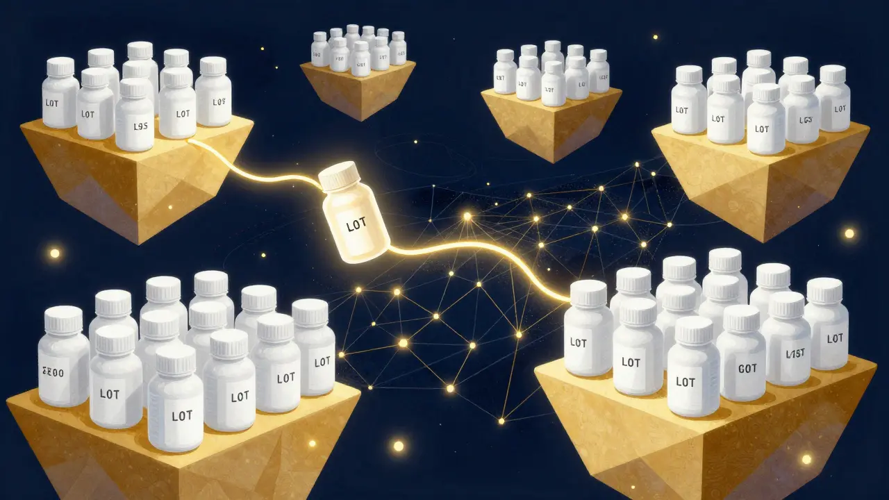 Abstract art showing groups of medicine bottles connected by a glowing golden thread.