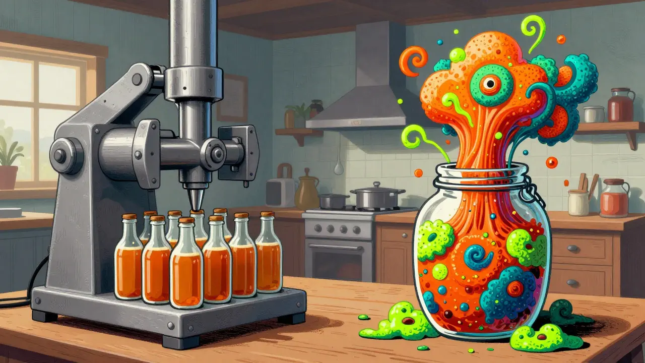 Abstract comparison of a regulated commercial kombucha bottle and a volatile homebrew jar