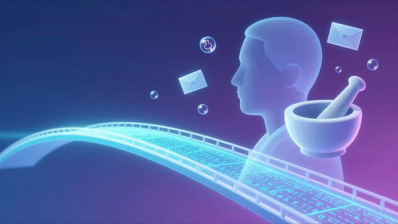 Abstract digital bridge connecting a person to a pharmacy, representing online telehealth services.