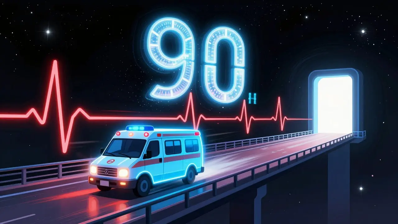 Abstract image of an ambulance racing across a heart-rate line toward a portal of light with a timer.