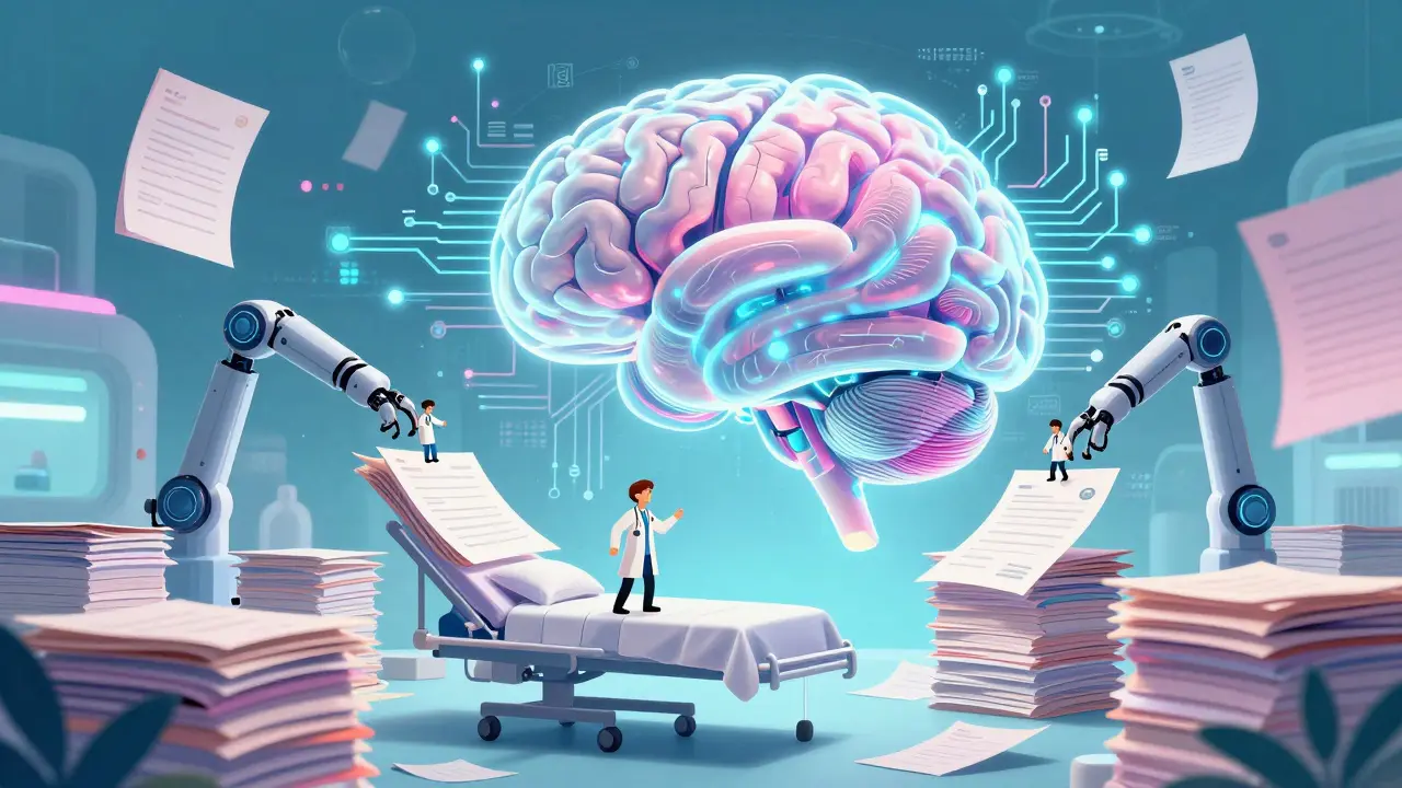 Abstract scene of AI circuitry lifting doctors away from piles of heavy paperwork.
