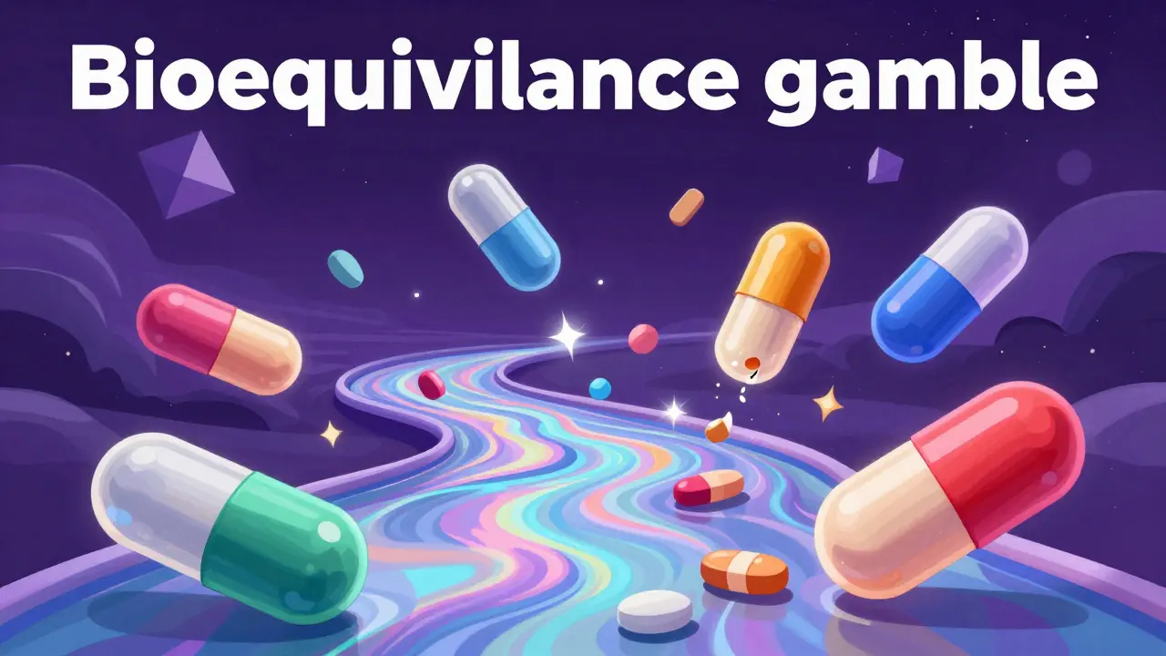 Colorful capsules dissolving unevenly into a shimmering iridescent river of blood.