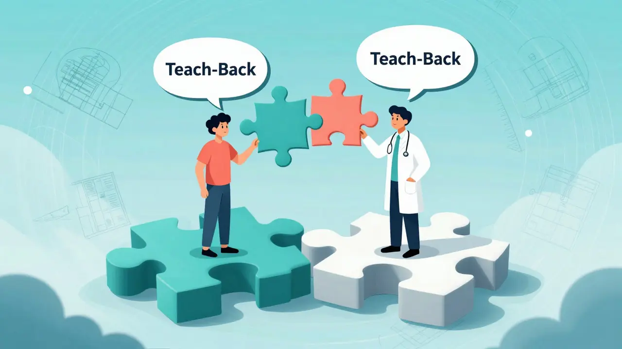 Conceptual illustration of a patient and doctor with interlocking puzzle piece speech bubbles.