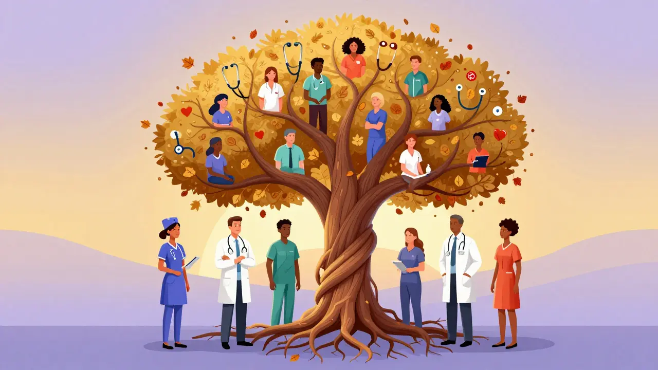 Conceptual illustration of a tree made of diverse healthcare professionals growing together.