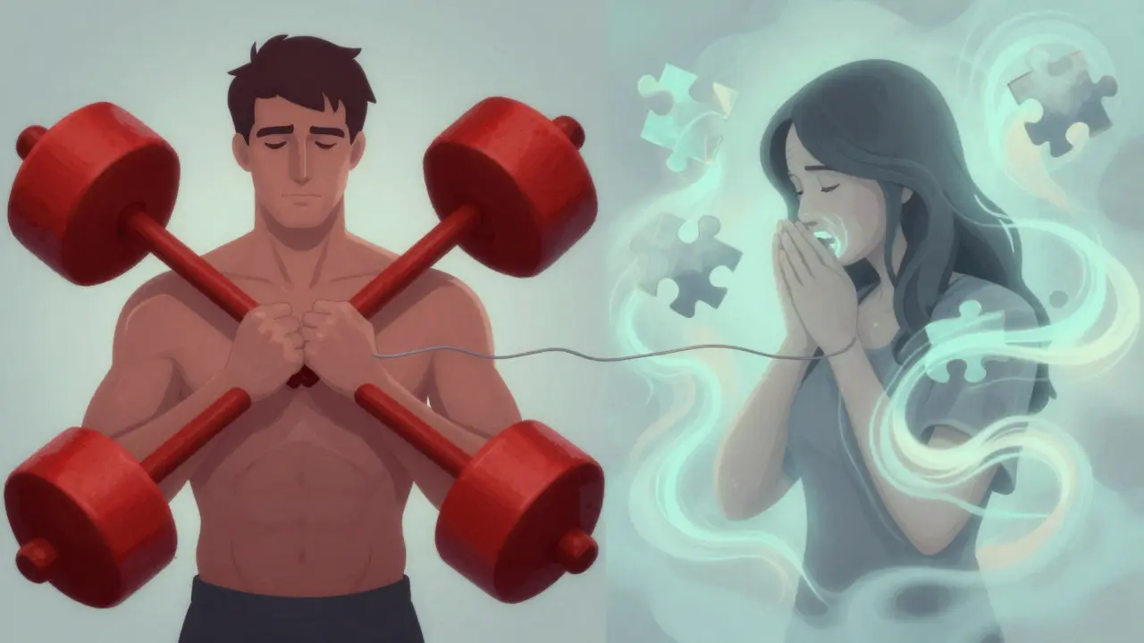 Surreal art comparing a man with chest pressure to a woman experiencing shortness of breath and nausea.