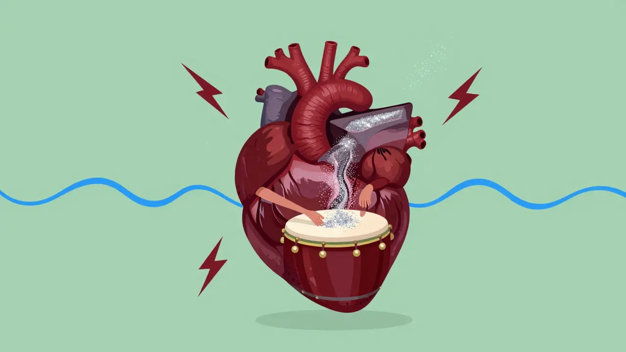 Surreal cartoon of a heart being calmed by beta-blockers to slow heart rate.