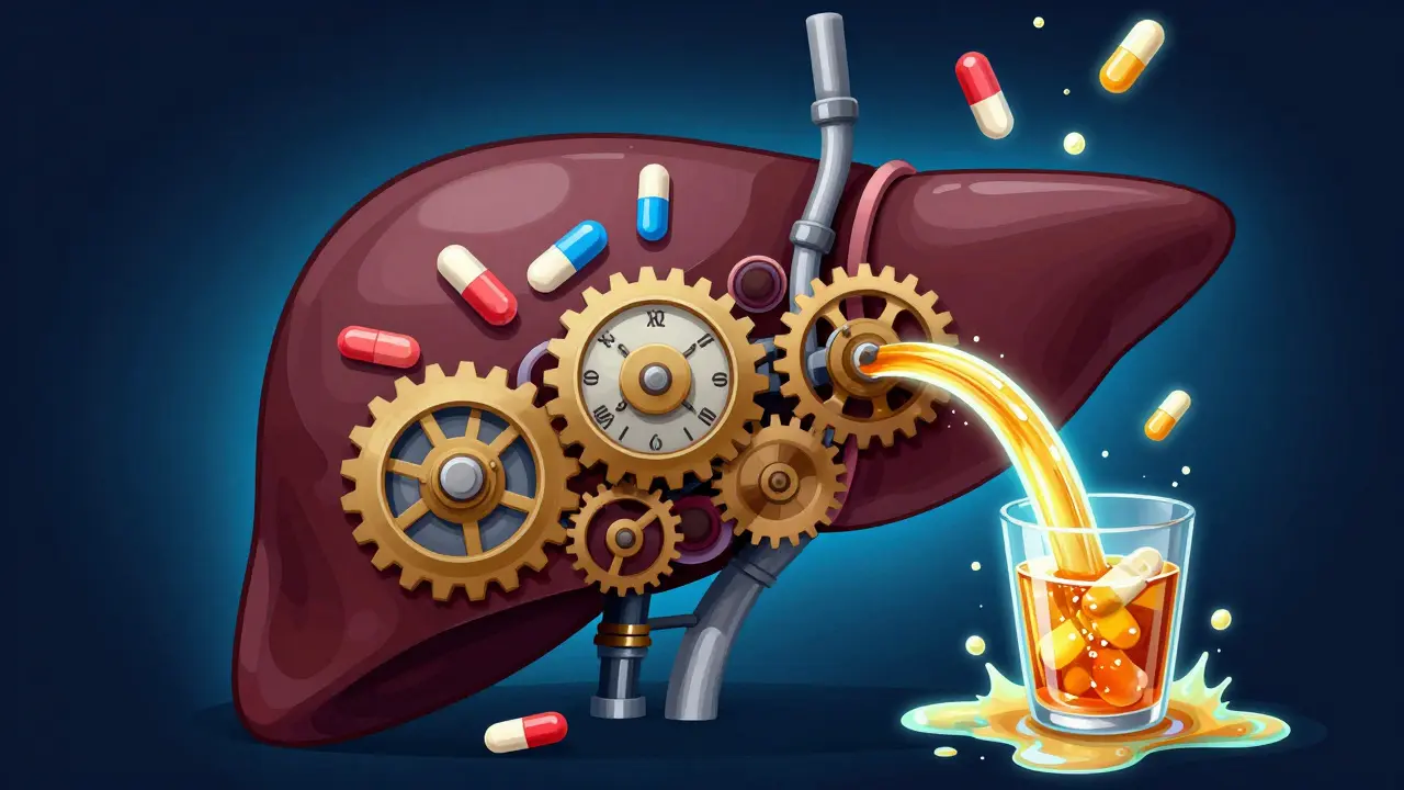 Surreal clockwork liver struggling to process medication and kombucha alcohol