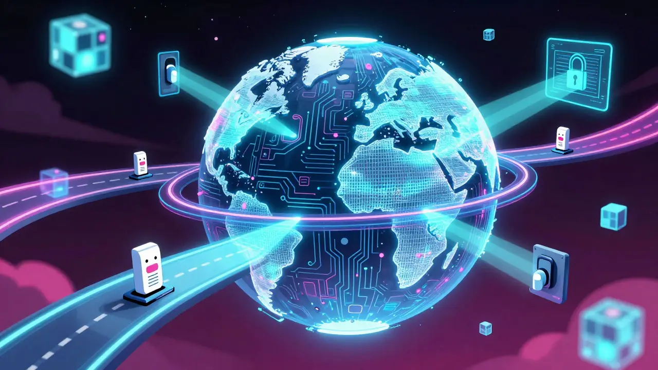 Surreal depiction of medicine packages traveling on neon data highways around a digital globe.