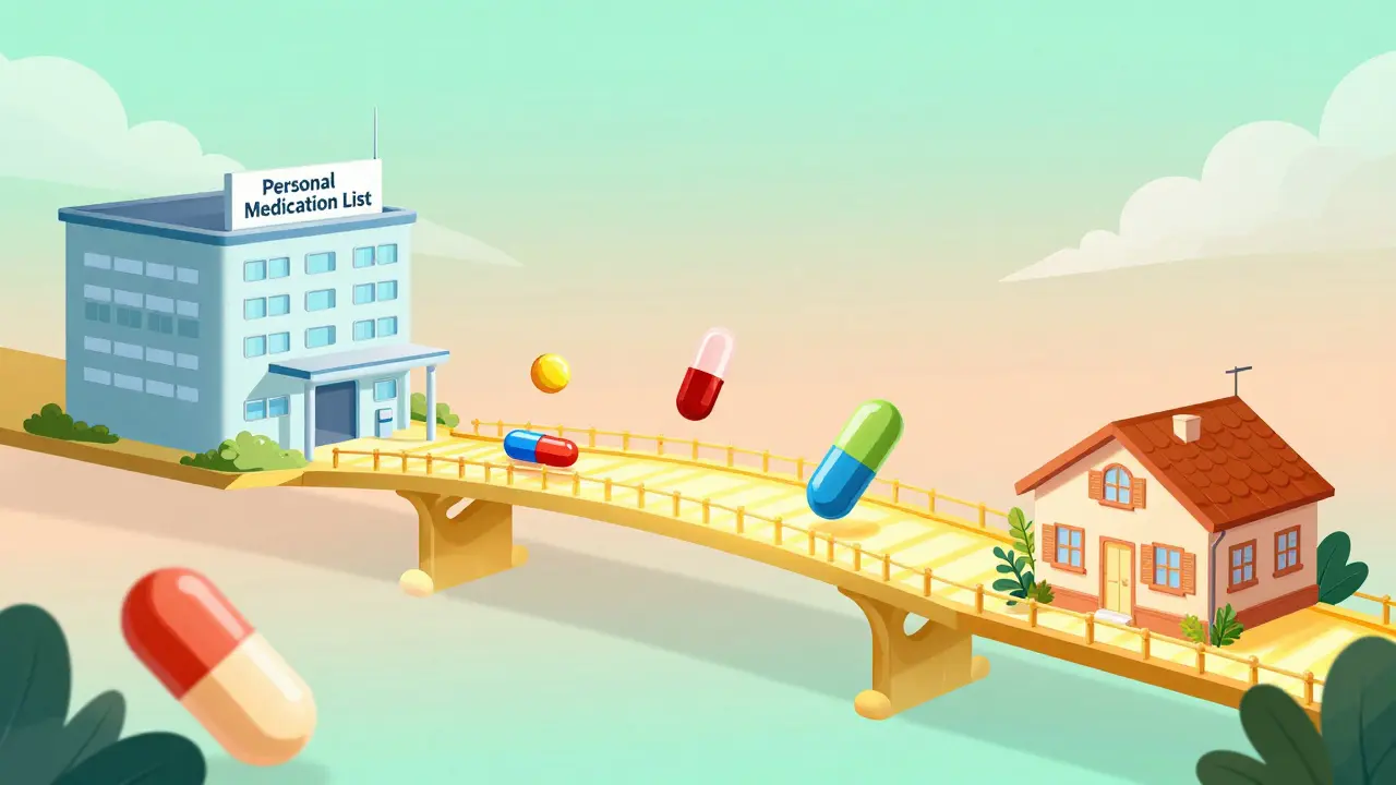 Surreal golden bridge made of a medication list connecting a hospital to a home.
